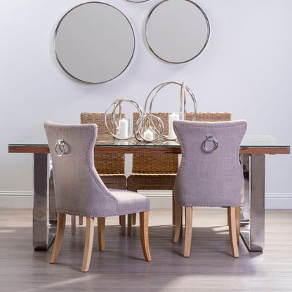 Natural Wood and Clear Glass Top Dining Table with Silver U-Shaped Metal Legs | Kerala