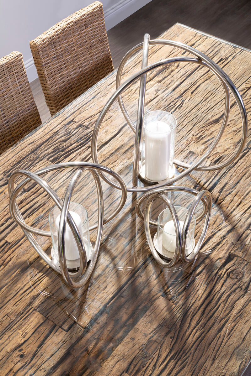 Natural Wood and Clear Glass Top Dining Table with Silver U-Shaped Metal Legs | Kerala