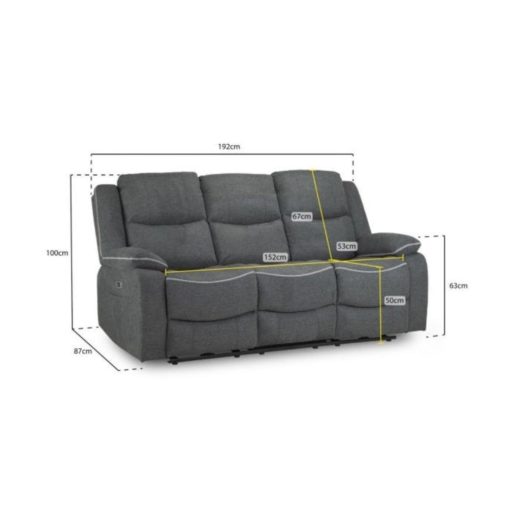 Harald Electric Recliner Graphite Grey Fabric Cinema Console 3 Seater Sofa