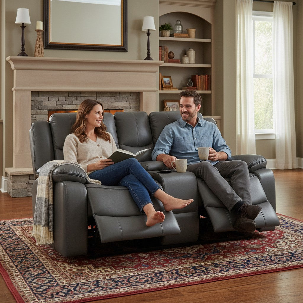 Harald Electric Recliner Grey Faux Leather Cinema Console 2 Seater Sofa