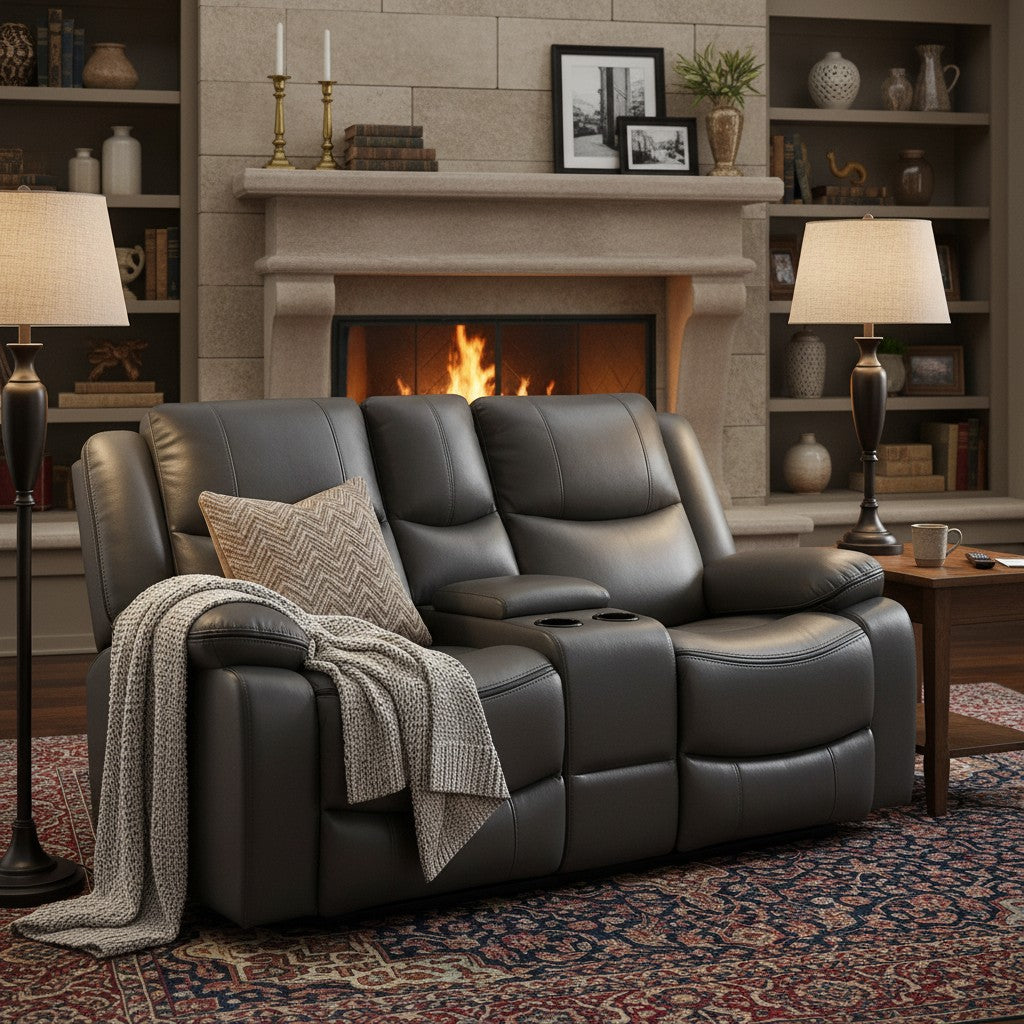 Harald Electric Recliner Grey Faux Leather Cinema Console 2 Seater Sofa
