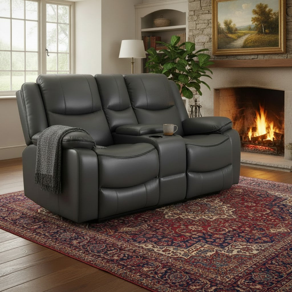 Harald Electric Recliner Grey Faux Leather Cinema Console 2 Seater Sofa