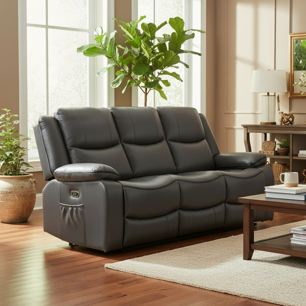 Harald Electric Recliner Grey Faux Leather Cinema Console 3 Seater Sofa