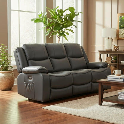 Harald Electric Recliner Grey Faux Leather Cinema Console 3 Seater Sofa