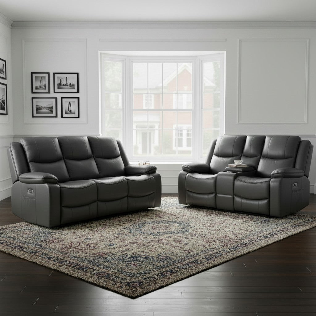 Harald Electric Recliner Grey Faux Leather Cinema Console 3+2 Sofa Suite