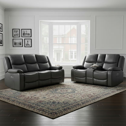 Harald Electric Recliner Grey Faux Leather Cinema Console 3+2 Sofa Suite
