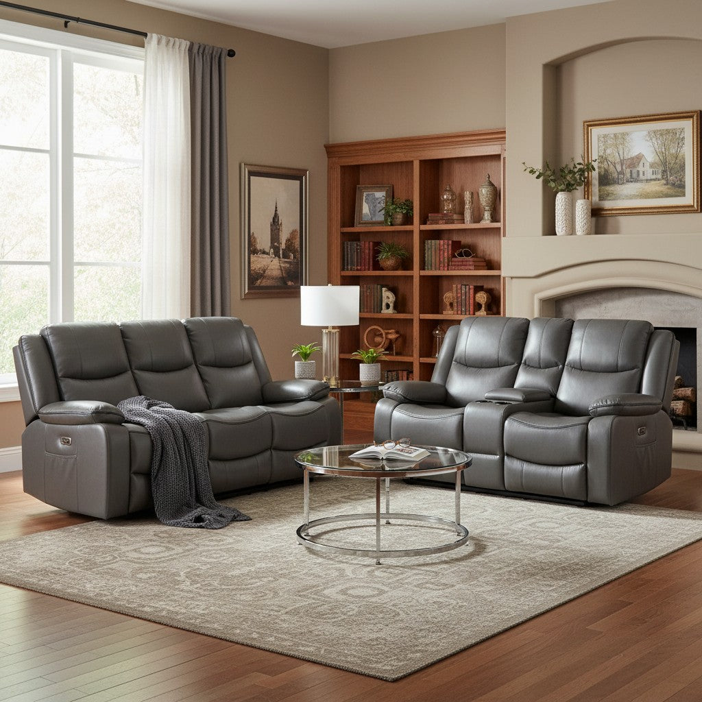 Harald Electric Recliner Grey Faux Leather Cinema Console 3+2 Sofa Suite
