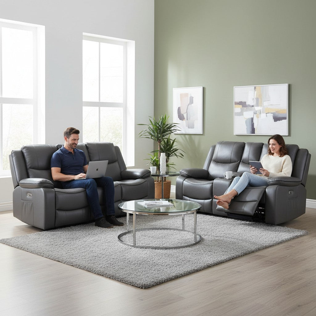 Harald Electric Recliner Grey Faux Leather Cinema Console 3+2 Sofa Suite