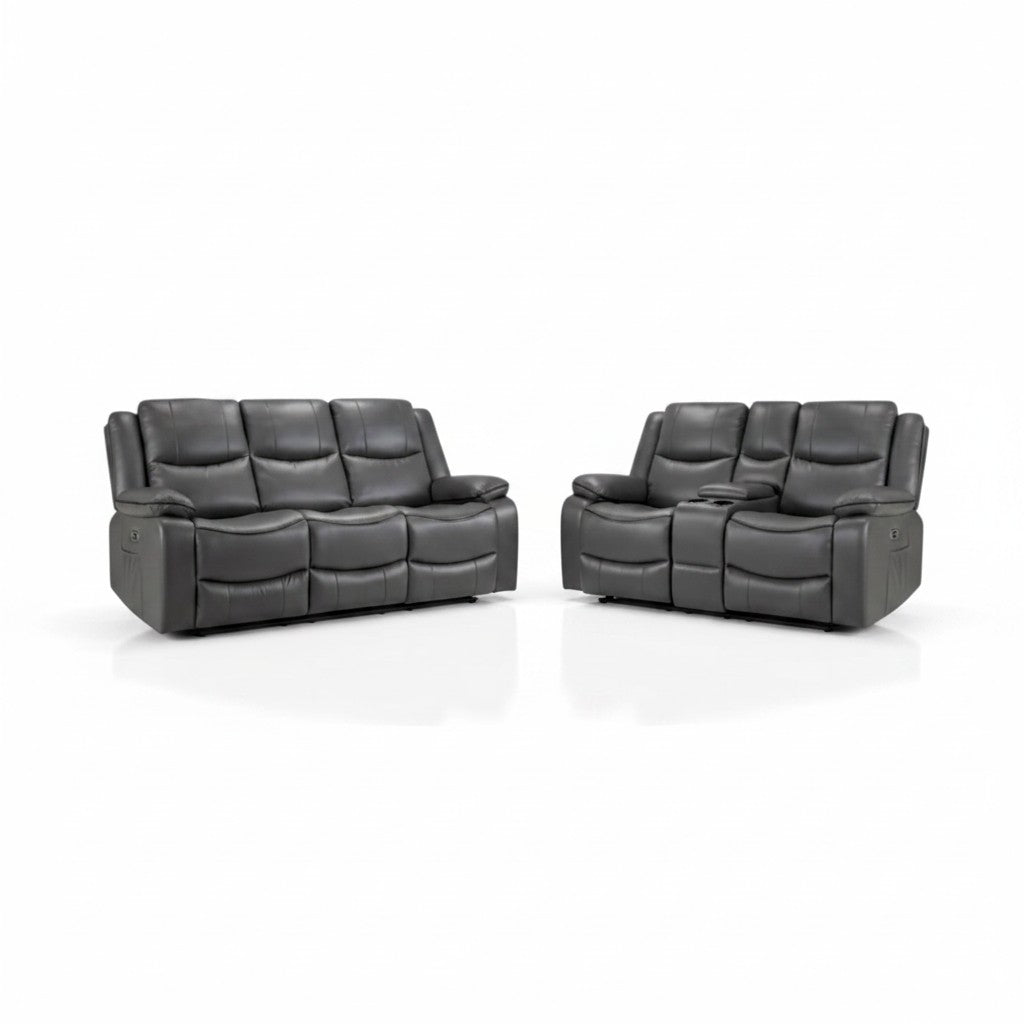 Harald Electric Recliner Grey Faux Leather Cinema Console 3+2 Sofa Suite