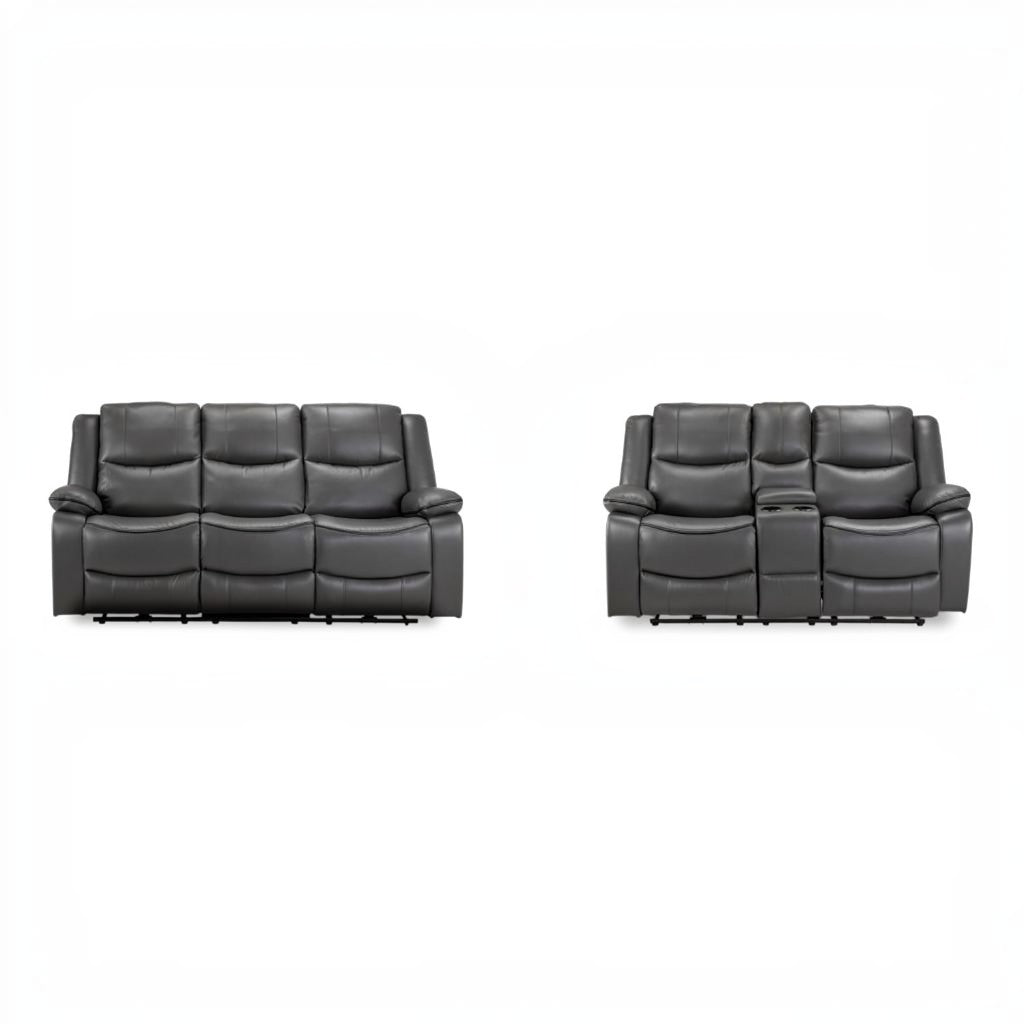 Harald Electric Recliner Grey Faux Leather Cinema Console 3+2 Sofa Suite