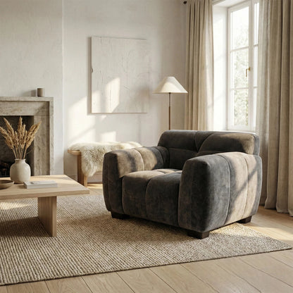 ALUXO Harlem Deep Channel Stitched Armchair In Steel Grey Mermaid Velvet