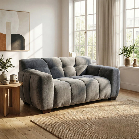 ALUXO Harlem Deep Channel Stitched 2 Seater Sofa In Steel Grey Mermaid Velvet