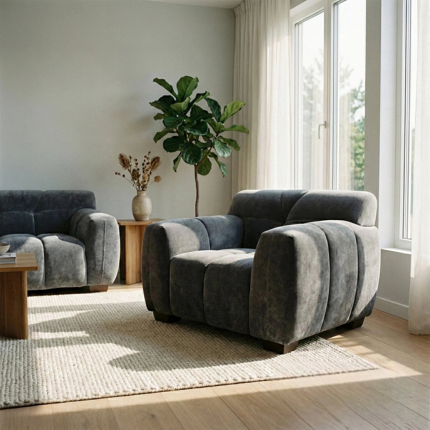 ALUXO Harlem Deep Channel Stitched Armchair In Steel Grey Mermaid Velvet