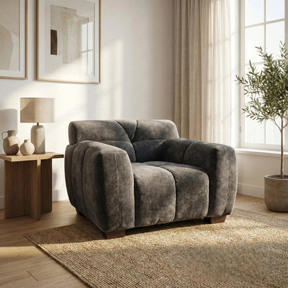 ALUXO Harlem Deep Channel Stitched Armchair In Steel Grey Mermaid Velvet
