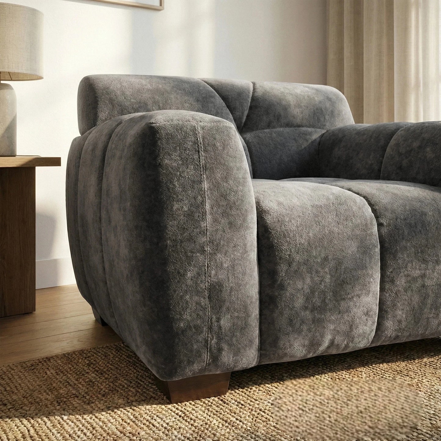 ALUXO Harlem Deep Channel Stitched Armchair In Steel Grey Mermaid Velvet