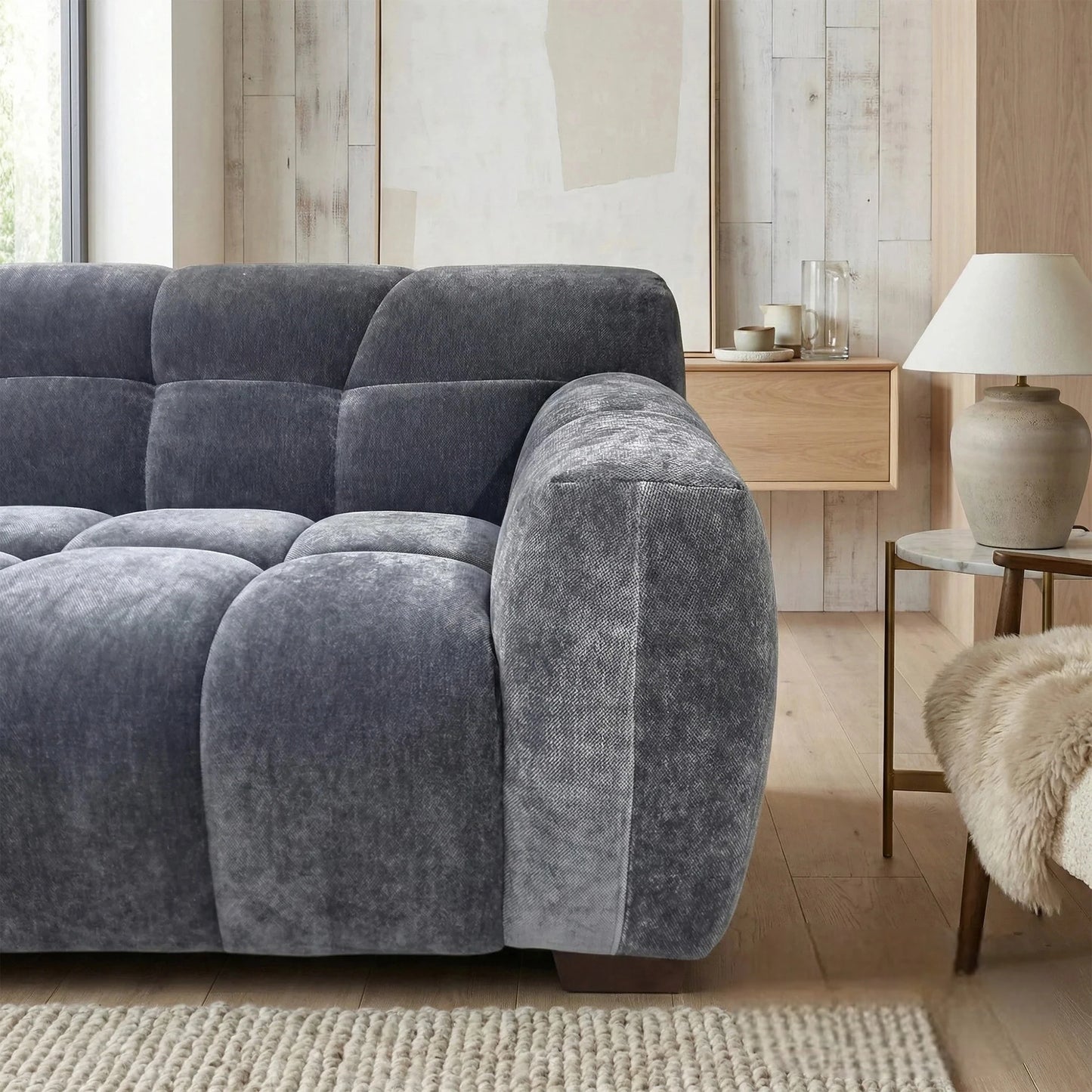 ALUXO Harlem Deep Channel Stitched 2 Seater Sofa In Steel Grey Mermaid Velvet