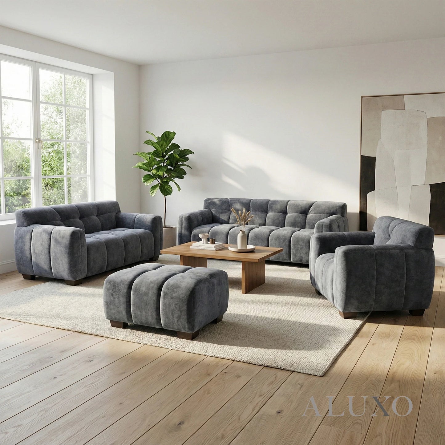 ALUXO Harlem Deep Channel Stitched 2 Seater Sofa In Steel Grey Mermaid Velvet