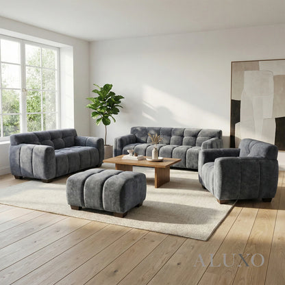 ALUXO Harlem Deep Channel Stitched 2 Seater Sofa In Steel Grey Mermaid Velvet