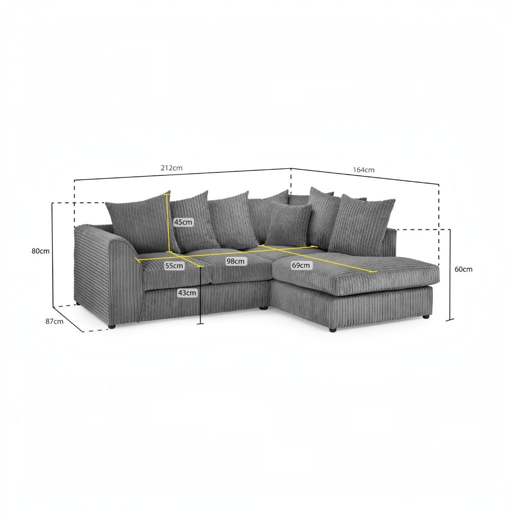 Harley Jumbo Grey Fabric Right Hand L-Shape Corner Sofa