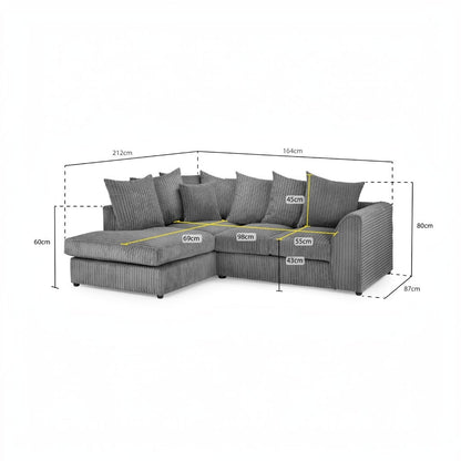 Harley Jumbo Grey Fabric Left Hand L-Shape Corner Sofa