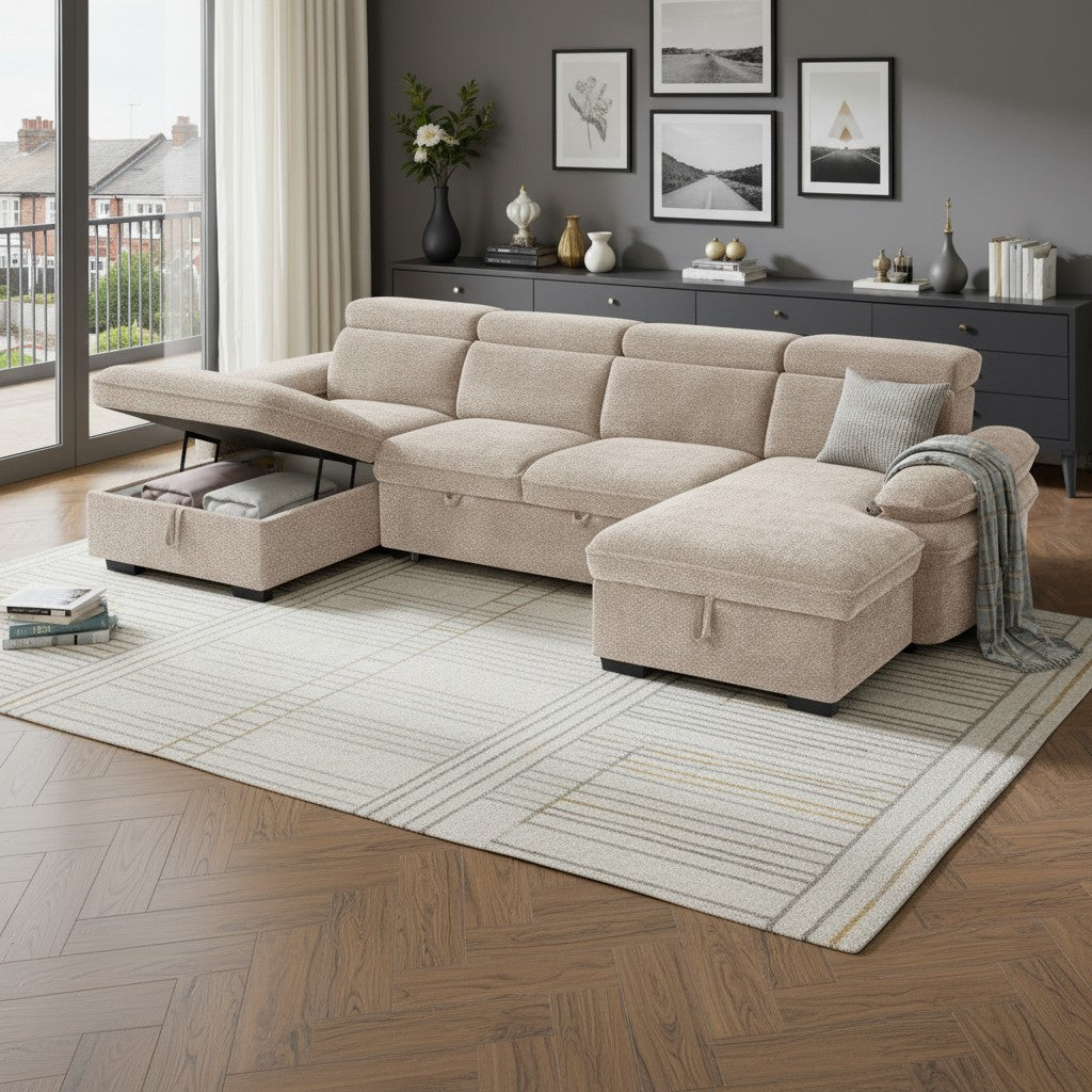 Hudson Sofabed Beige Fabric U Shape Storage Corner Sofa