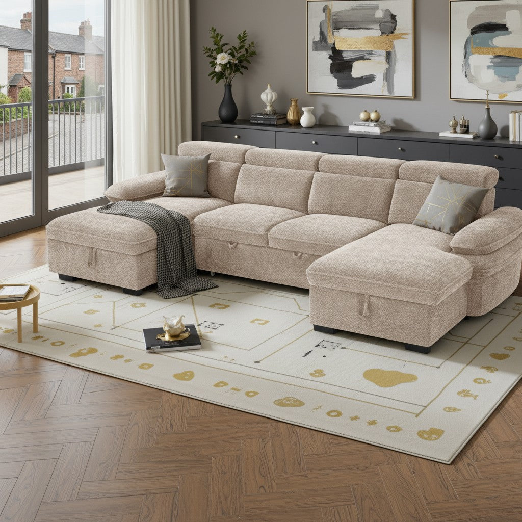 Hudson Sofabed Beige Fabric U Shape Storage Corner Sofa