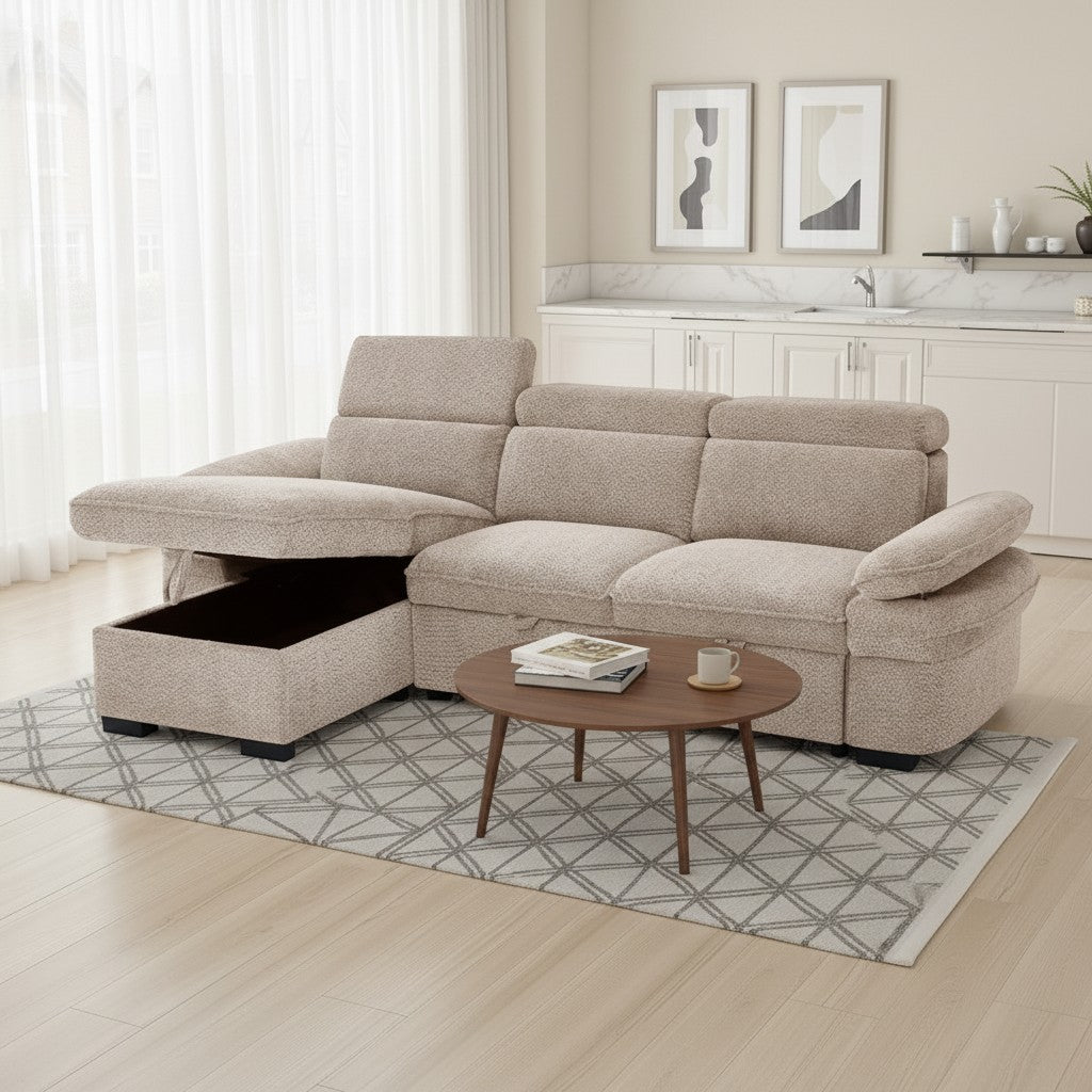 Hudson Sofabed Beige Fabric Universal Storage Corner Sofa