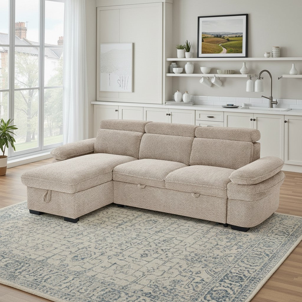 Hudson Sofabed Beige Fabric Universal Storage Corner Sofa