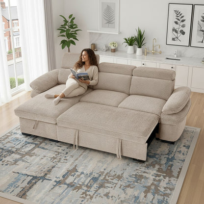 Hudson Sofabed Beige Fabric Universal Storage Corner Sofa
