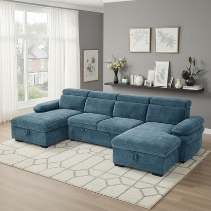 Hudson Sofabed Blue Fabric U Shape Storage Corner Sofa
