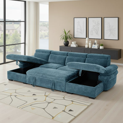 Hudson Sofabed Blue Fabric U Shape Storage Corner Sofa