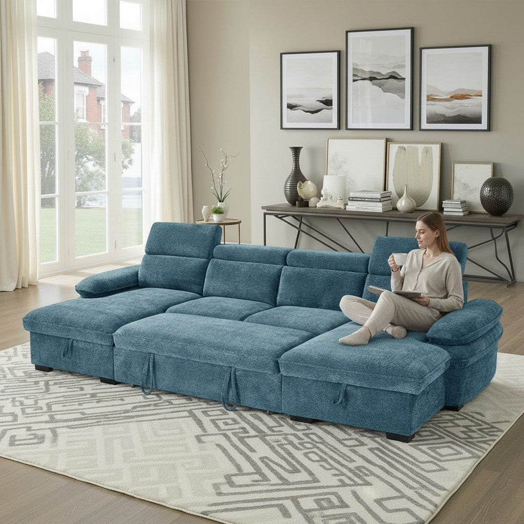 Hudson Sofabed Blue Fabric U Shape Storage Corner Sofa
