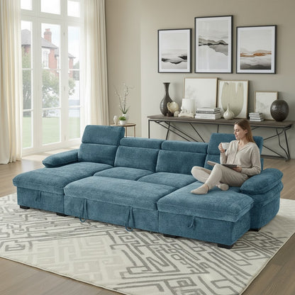 Hudson Sofabed Blue Fabric U Shape Storage Corner Sofa