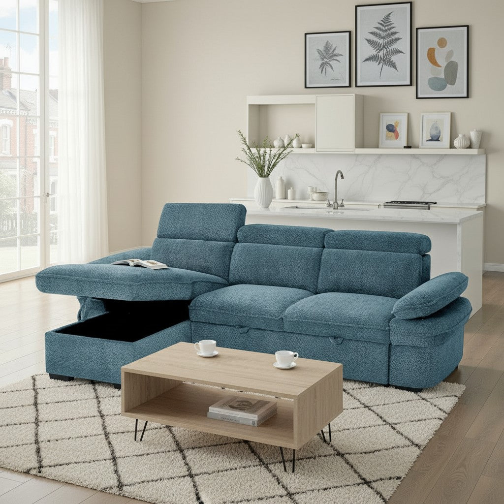 Hudson Sofabed Blue Fabric Universal Storage Corner Sofa