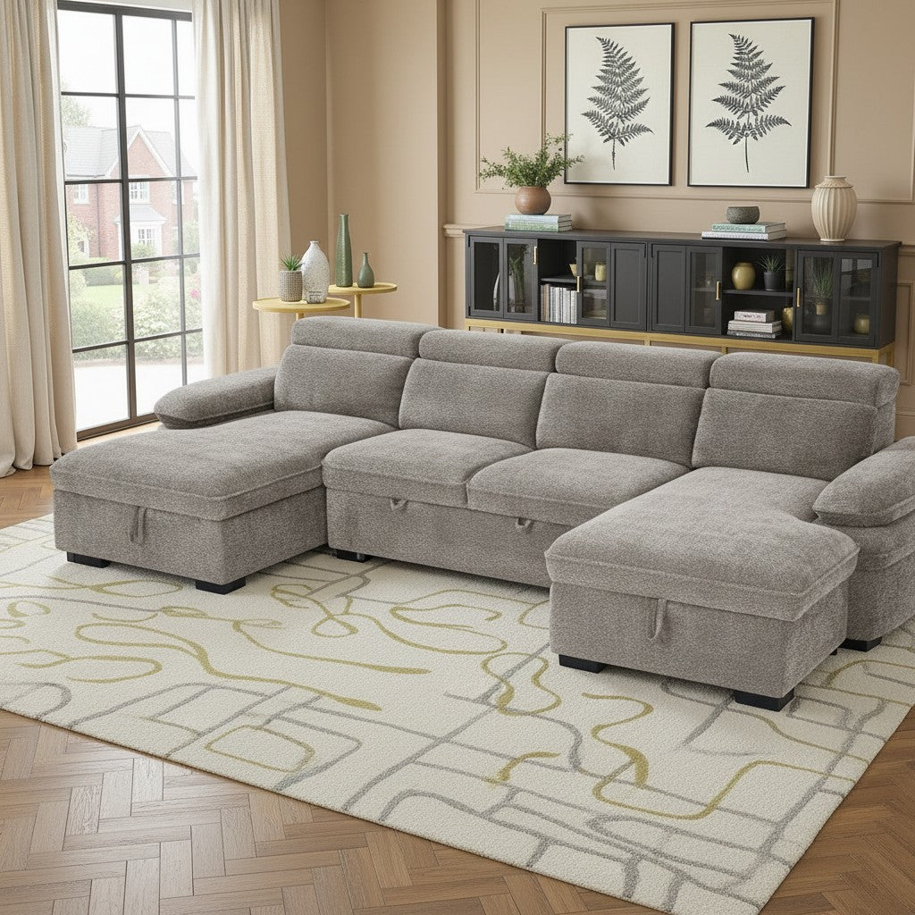 Hudson Sofabed Grey Fabric U Shape Storage Corner Sofa