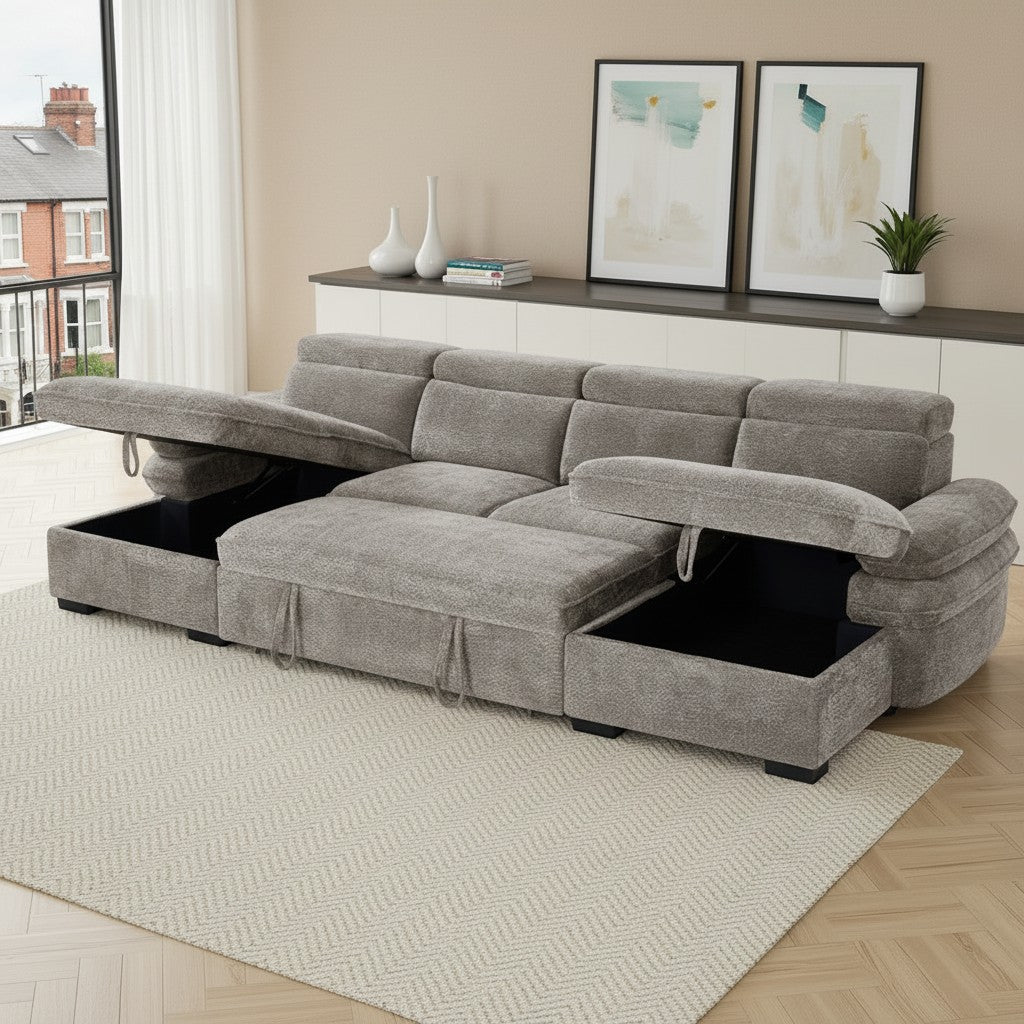 Hudson Sofabed Grey Fabric U Shape Storage Corner Sofa