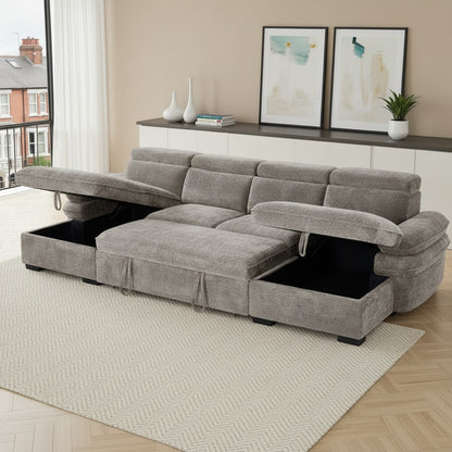 Hudson Sofabed Grey Fabric U Shape Storage Corner Sofa