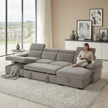 Hudson Sofabed Grey Fabric U Shape Storage Corner Sofa