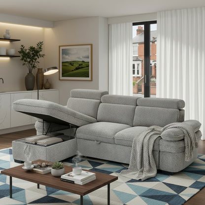 Hudson Sofabed Grey Fabric Universal Storage Corner Sofa