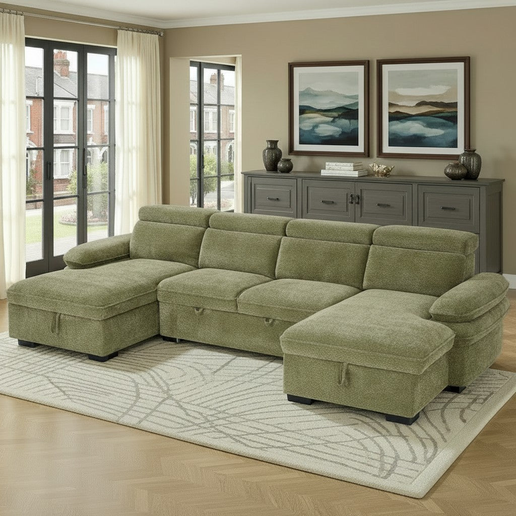 Hudson Sofabed Green Fabric U Shape Storage Corner Sofa