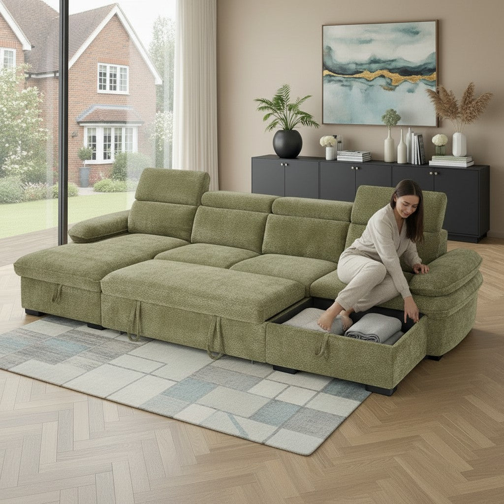 Hudson Sofabed Green Fabric U Shape Storage Corner Sofa
