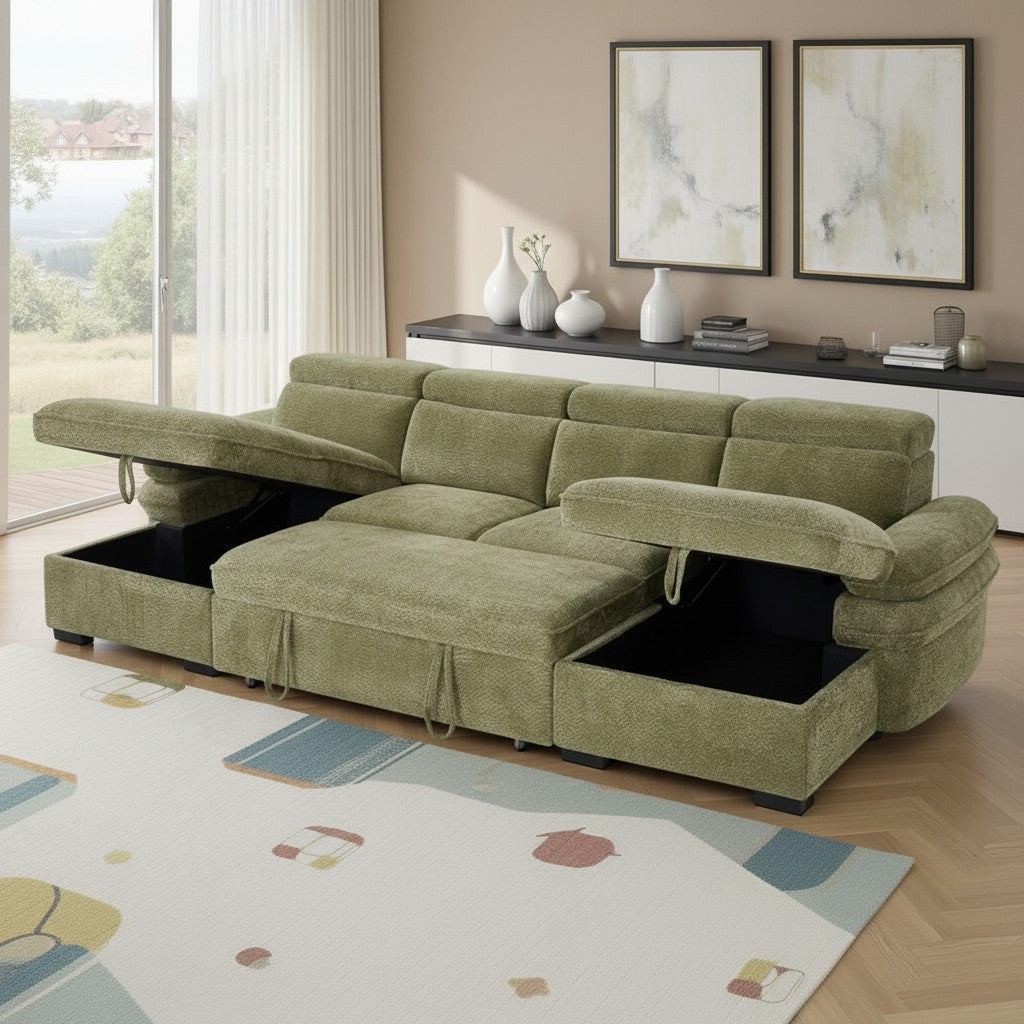 Hudson Sofabed Green Fabric U Shape Storage Corner Sofa