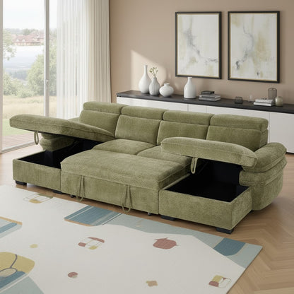 Hudson Sofabed Green Fabric U Shape Storage Corner Sofa