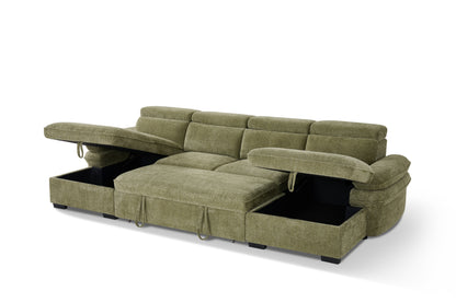Hudson Sofabed Green Fabric U Shape Storage Corner Sofa