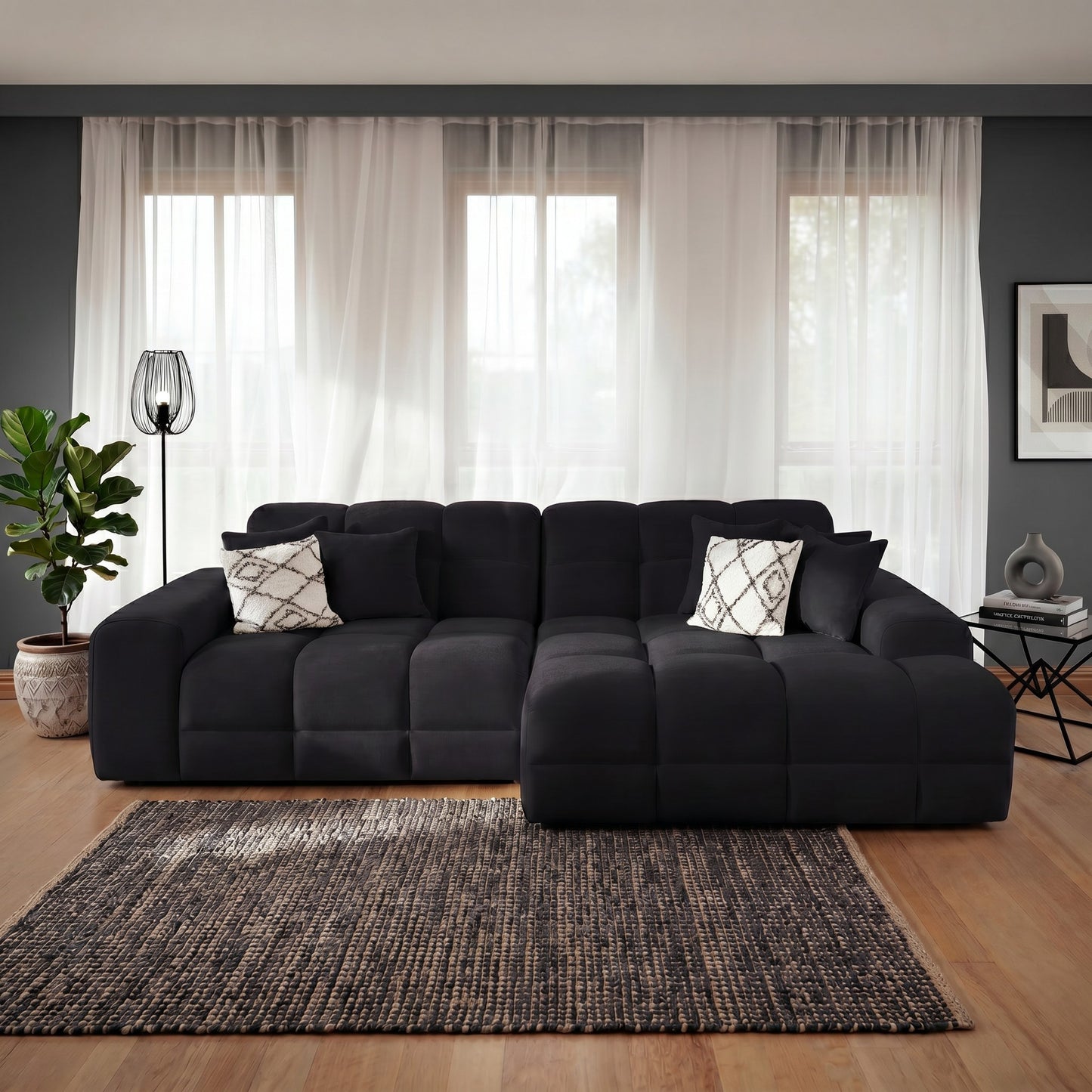 Jacob Black Fabric Right Hand L-Shape Corner sofa