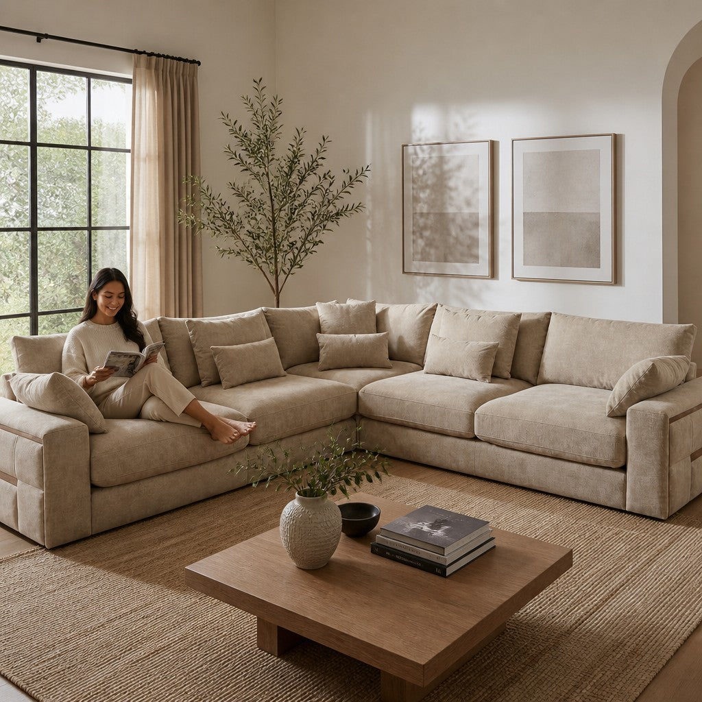 Jupiter Beige Fabric L-Shape Large Corner Sofa