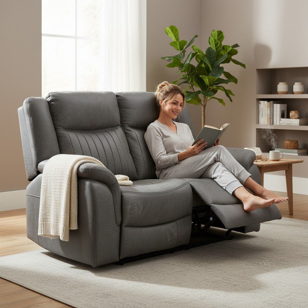 Leon Electric Recliner Grey Fabric 2 Seater Sofa