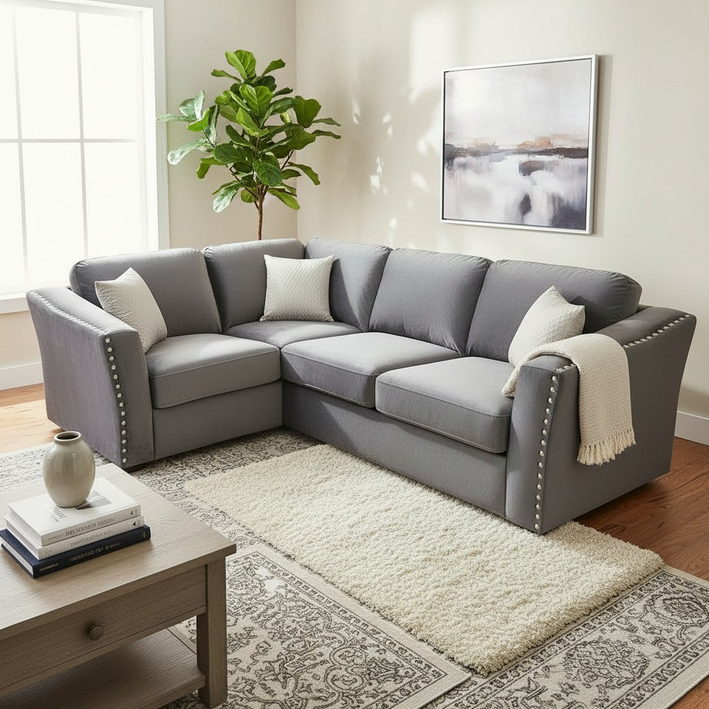 Lincoln 4 Piece Corner Sofa Chrome Studded With Silver Grey Velvet Fabric