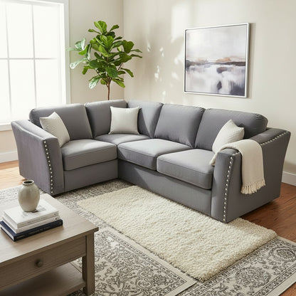 Lincoln 4 Piece Corner Sofa Chrome Studded With Silver Grey Velvet Fabric