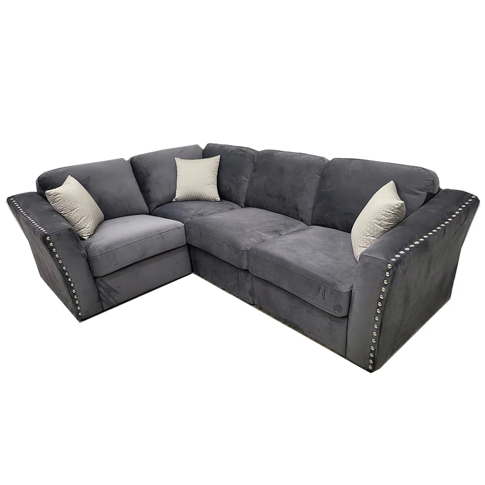 Lincoln 4 Piece Corner Sofa Chrome Studded With Silver Grey Velvet Fabric